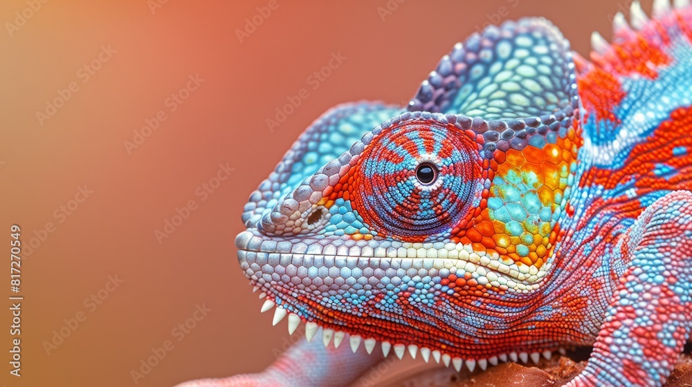 A tight shot of a vibrant chameleon on a branch, displaying an open mouth and extended tongue A tight shot of a vibrant chameleon on a branch, displaying an open mouth and extended tongue