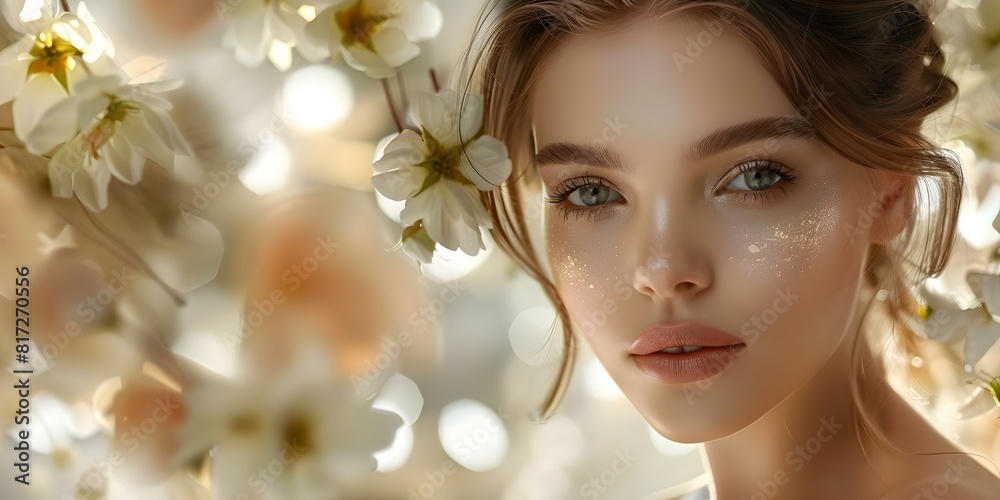 Captivating Model with Radiant Skin and Subtle Makeup in a Botanical Backdrop. Concept Botanical Photoshoot, Radiant Skin, Subtle Makeup, Captivating Model