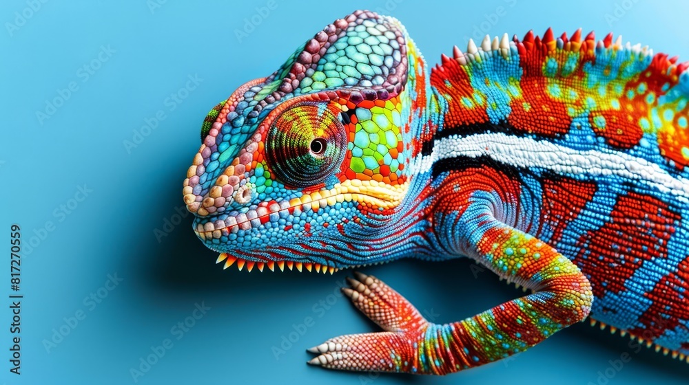 A tight shot of a vibrant chameleon against a blue backdrop, featuring a thin white band at its base A tight shot of a vibrant chameleon against a blue backdrop, featuring a thin white band at its base