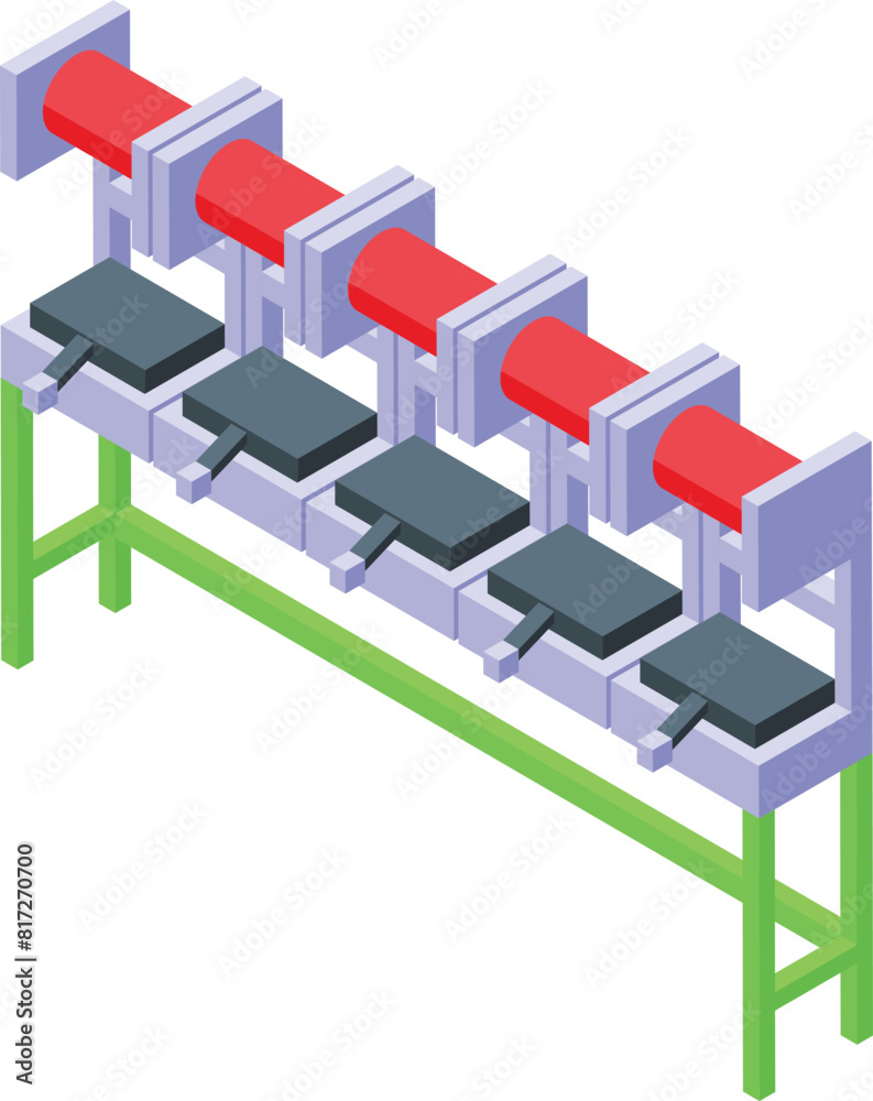 Detailed 3d isometric illustration of a conveyor belt system with red and grey accents