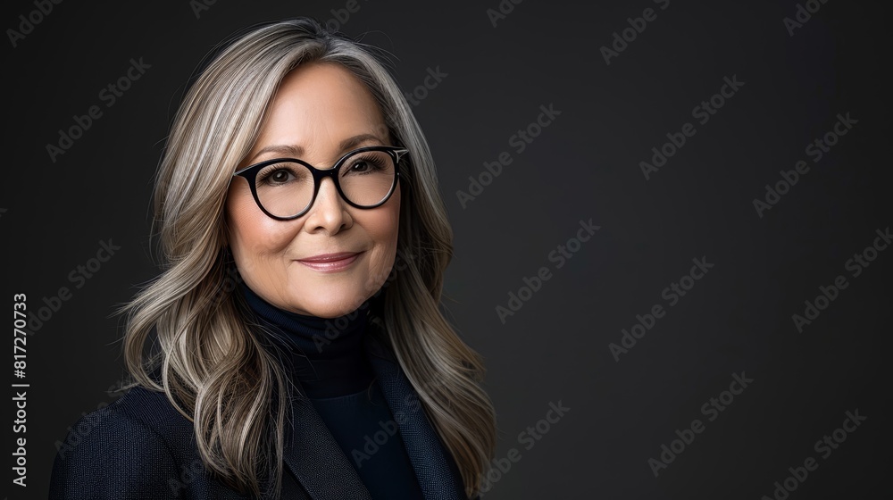 A woman in black glasses smiles at the camera, wearing a black turtleneck sweater A woman in black glasses smiles at the camera, wearing a black turtleneck sweater