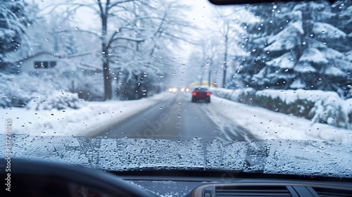 Scene viewed through the windshield of a car, depicting wet and snowy winter conditions.