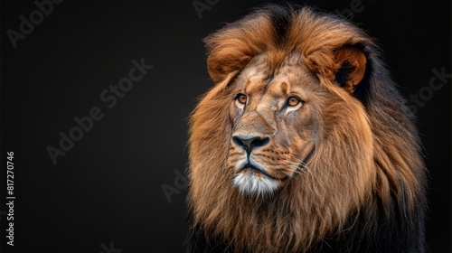  A tight shot of a lion s face against a black backdrop  the lion s head subtly blurred