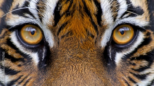  A tight shot of a tiger's face, displaying distinct orange and black stripes, and vivid yellow eyes photo