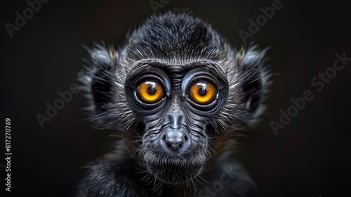  A tight shot of a monkey's face, its bright yellow eyes gleaming, framed by black fur atop its head © Jevjenijs