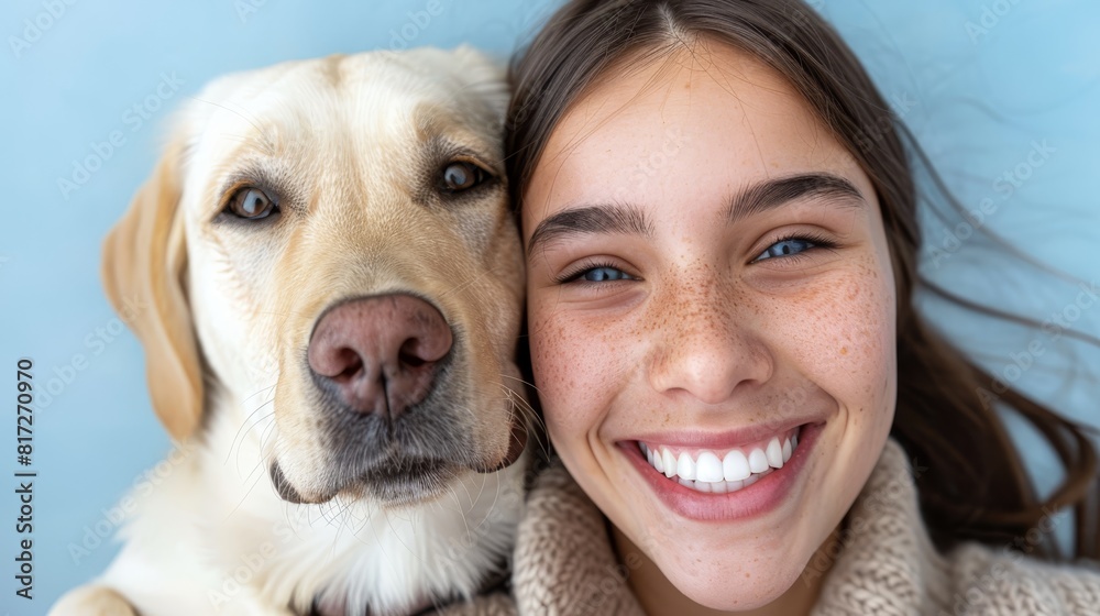 A tight shot of a man and his dog against a blue backdrop A woman with freckles smiles at the camera A tight shot of a man and his dog against a blue backdrop A woman with freckles smiles at the camera