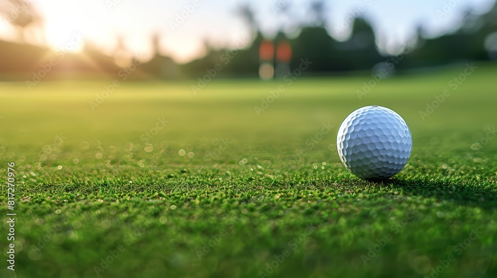 Golf ball atop green grass, sun behind Golf ball atop green grass, sun behind