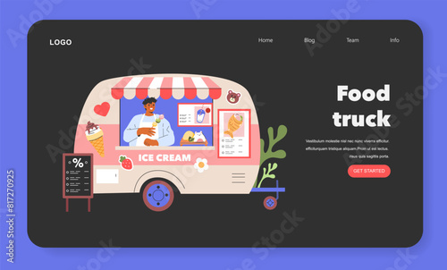Whimsical Ice Cream Truck scene A cheerful vendor serves frozen delights in a pastel-colored mobile shop, bringing sweet joy to the community Vector illustration