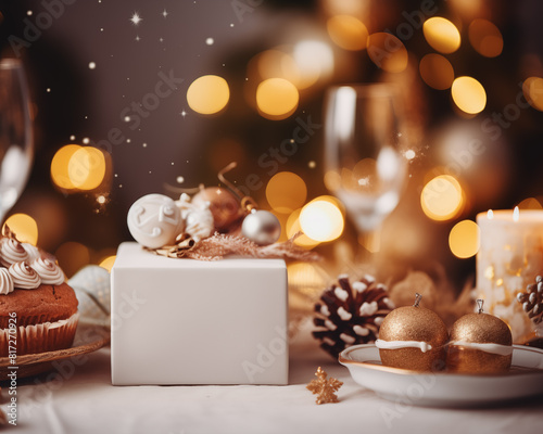 Christmas card template. Happy New year backdrop. Beautiful gift box.