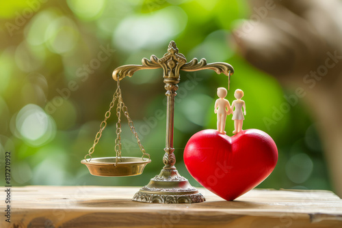 a married couple and heart on the judicial scales, concept of divorce and law