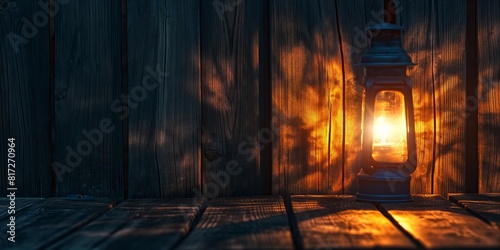 The warm glow of an oil lantern illuminates the dusk ambiance on a rustic wooden backdrop