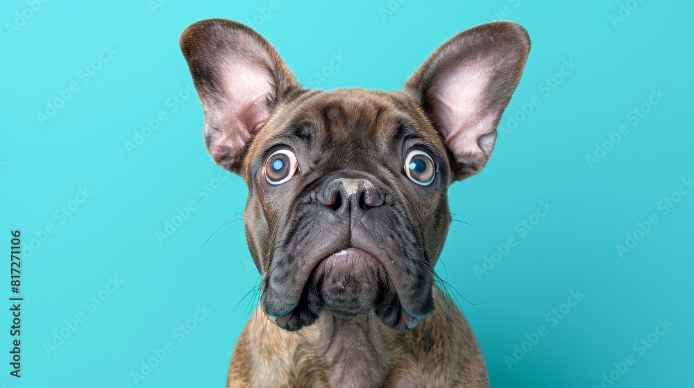  A dog's surprised face in close-up against a blue backdrop