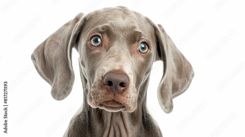  A dog's surprised face in close-up against a pristine white background