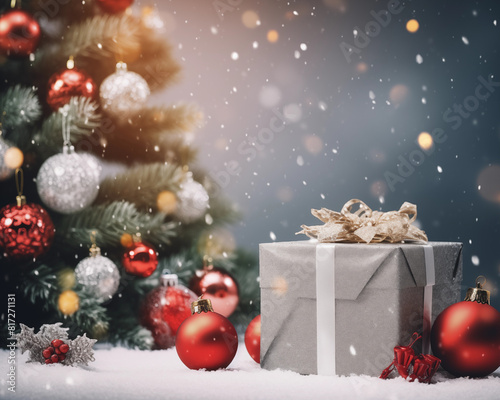 Christmas card template. Happy New year backdrop. Beautiful gift box.