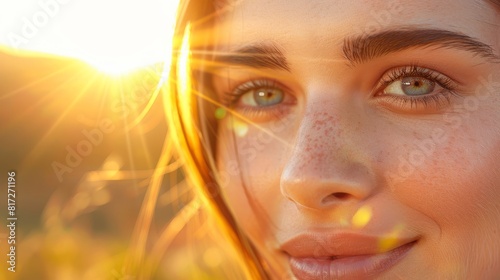  A close-up of a woman's face with freckled hair and freckled eyes