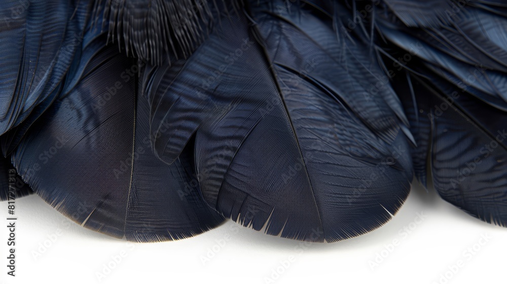 Close-up of black bird feathers against white background, reflecting back of feathers Close-up of black bird feathers against white background, reflecting back of feathers