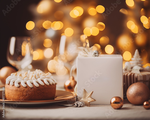 Christmas card template. Happy New year backdrop. Beautiful gift box.