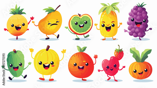 Set of fruit characters having fun at birthday part