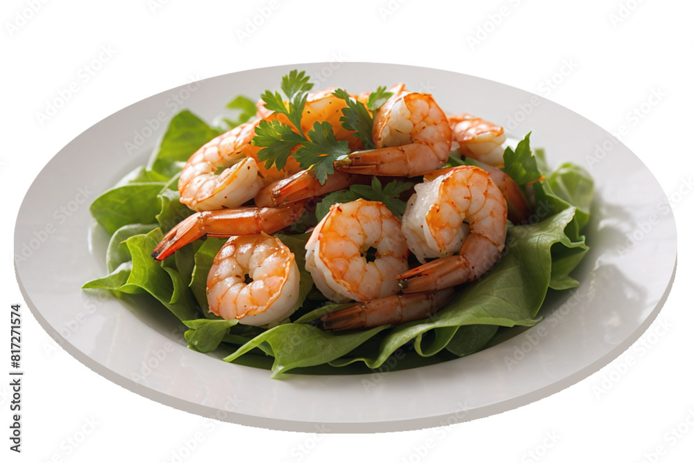 Shrimps. Seafood.White plate with shrimp, salad and parsley. View from above. PNG Shrimps. Seafood.White plate with shrimp, salad and parsley. View from above. PNG