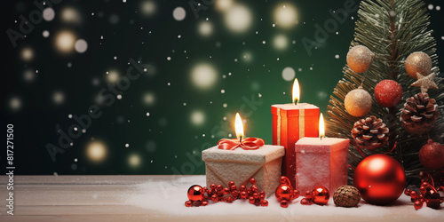 Christmas card template. Happy New year backdrop. Beautiful gift box.