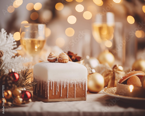 Christmas card template. Happy New year backdrop. Beautiful gift box.