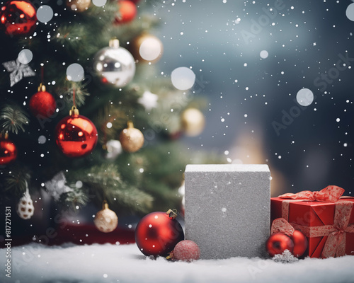 Christmas card template. Happy New year backdrop. Beautiful gift box.