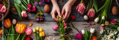 Hands meticulously arranging a vibrant array of tulip flowers amid Easter decorations on a rustic wooden table #817271557
