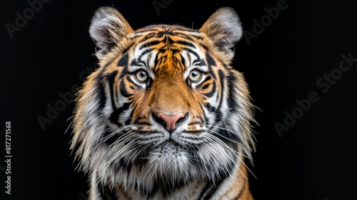  A tight shot of a tiger s visage against a black backdrop  softened with a blur effect