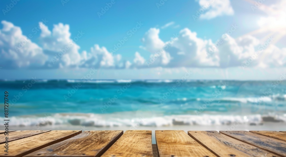 Fototapeta premium wooden table top with blurred background of sea and sky, summer vacation concept, banner design for product display presentation template