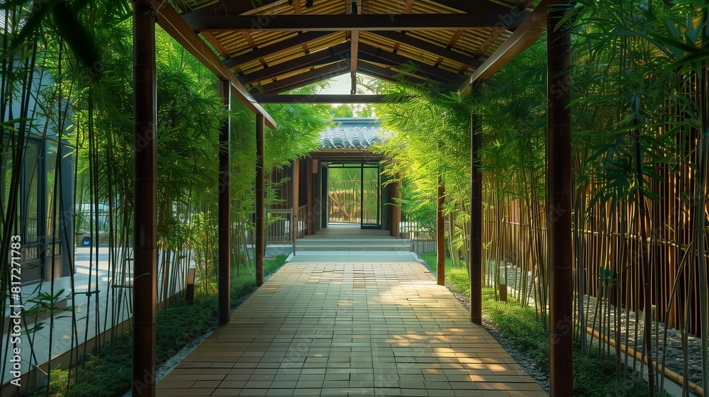 A walkway lined with bamboo plants leading to the entrance of a sustainable office building made from recycled materials. A walkway lined with bamboo plants leading to the entrance of a sustainable office building made from recycled materials.