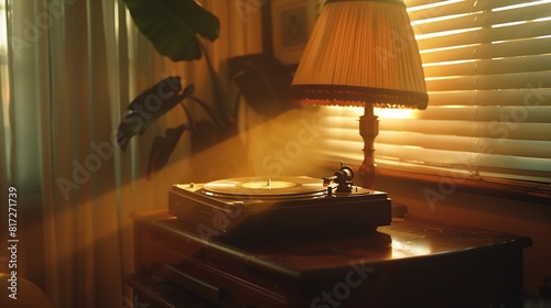 A vintage record player with a classic rock album spinning on the turntable, dust motes dancing in the warm light from a nearby lamp. photo