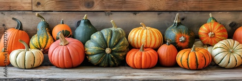 A diverse assortment of pumpkins and gourds set against a rustic wooden background for autumn photo