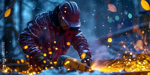 Hardworking laborer operating angle grinder in harsh urban construction site during inclement weather. Concept Construction work  Angle grinder operation  Inclement weather  Urban site
