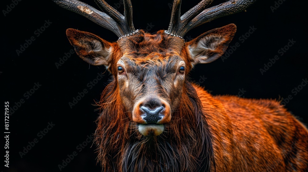 A deceer's face with antlers, tightly framed against a black backdrop A deceer's face with antlers, tightly framed against a black backdrop