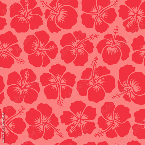 Hibiscus seamless pattern tropical flowers repeat design. Bright pink red hibiscus pattern vector illustration. Hawaiian retro textile print abstract florals. Tropical bloom for aloha shirt fabric. © Cute Design