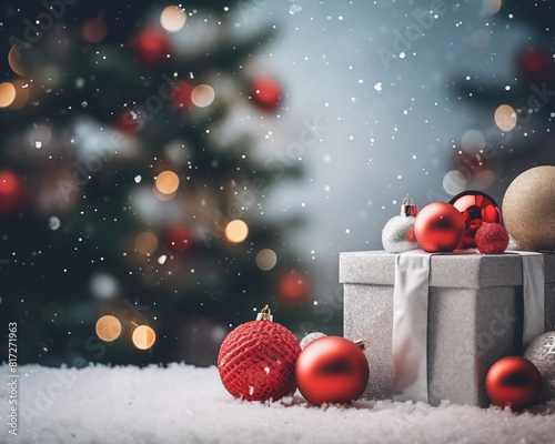 Christmas card template. Happy New year backdrop. Beautiful gift box.