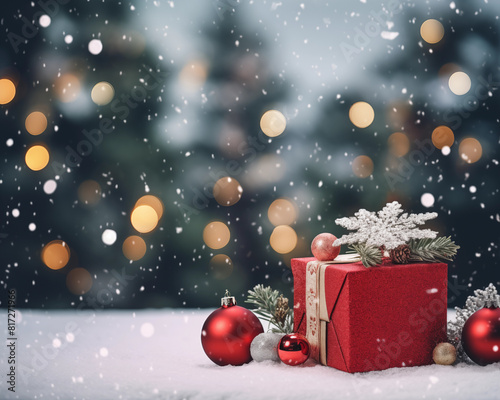 Christmas card template. Happy New year backdrop. Beautiful gift box.