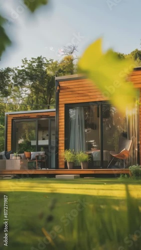 Small house with wooden exterior and large window