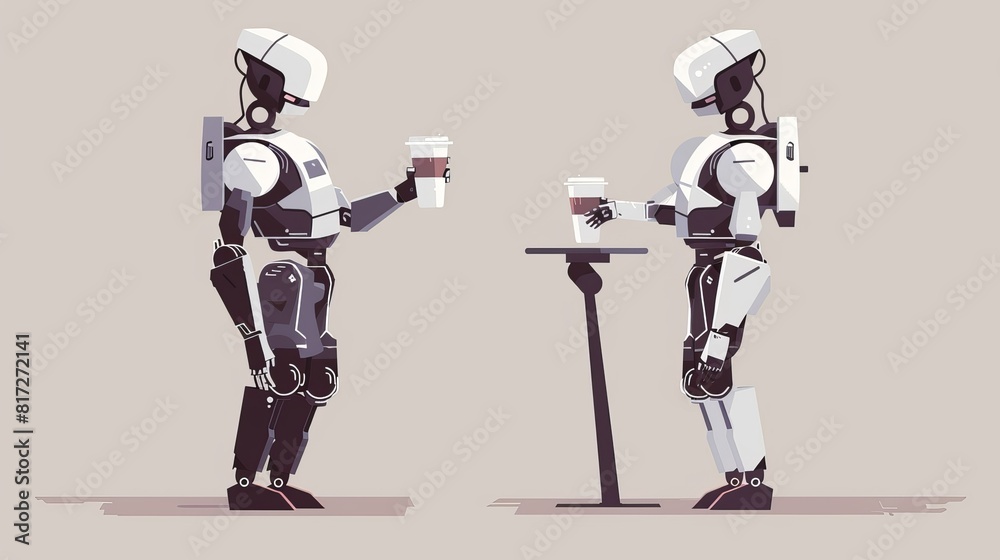 Vector cartoon illustration of a humanoid robot resting while holding a cup of drink, symbolizing its role as a waiter or food server. Vector cartoon illustration of a humanoid robot resting while holding a cup of drink, symbolizing its role as a waiter or food server.