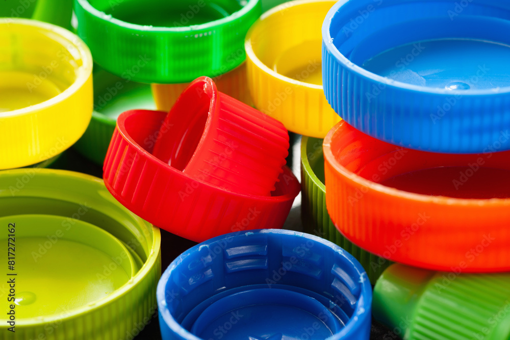 Plastic caps. Colored plastic caps. Plastic recycling. Selective focus Plastic caps. Colored plastic caps. Plastic recycling. Selective focus