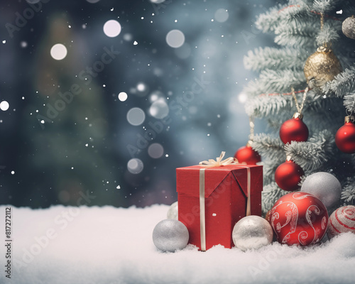 Christmas card template. Happy New year backdrop. Beautiful gift box.