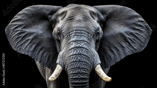  A tight shot of an elephant s head with prominent tusks against a black backdrop
