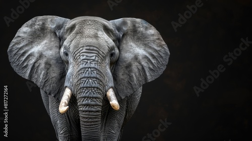  A close-up of an elephant s face with tusks and no tusks on its ears