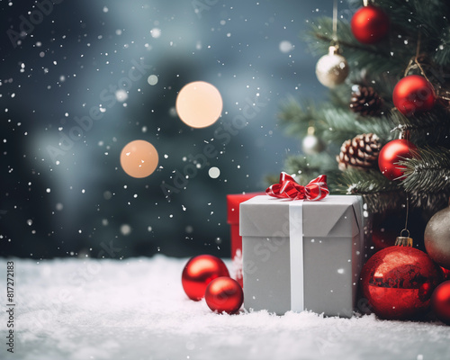 Christmas card template. Happy New year backdrop. Beautiful gift box.