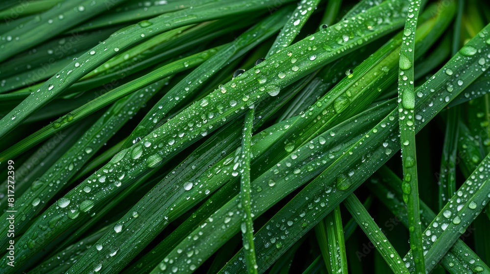 A tight shot of a green plant, adorned with water droplets on its leaves Surrounding grass likewise teems with numerous water droplets A tight shot of a green plant, adorned with water droplets on its leaves Surrounding grass likewise teems with numerous water droplets