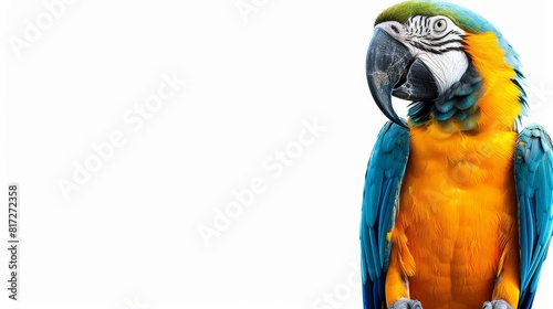  A tight shot of a parrot against a white backdrop, featuring a blue and yellow bird perched on its back