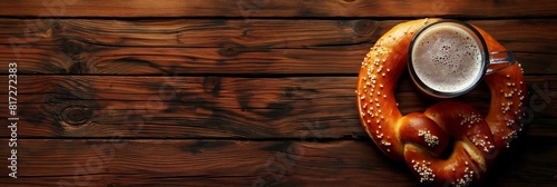 Freshly baked pretzel with sesame seeds beside a cold glass of beer on an aged wooden surface