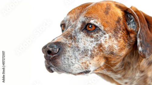  Close-up of a dog s face with an orange and white patch White background