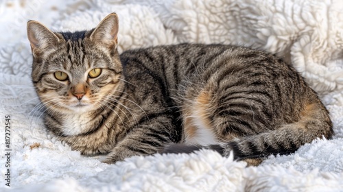  A cat atop a blanket on a bed of white blankets © Jevjenijs