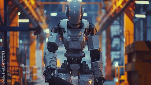 A worker wearing an exoskeleton suit, lifting a heavy object with superhuman strength in a factory setting. photo